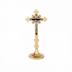 Krzyż metalowy stojący tradycyjny kolor stare złoto 18 cm